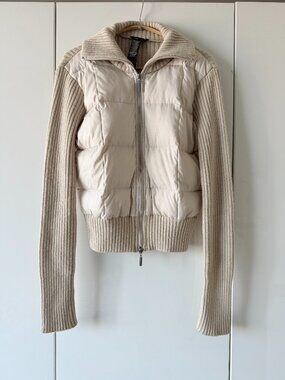 BCBG Max Azria Cream Down Puffer Knit Sleeve Zip Up Jacket Cropped Women's L